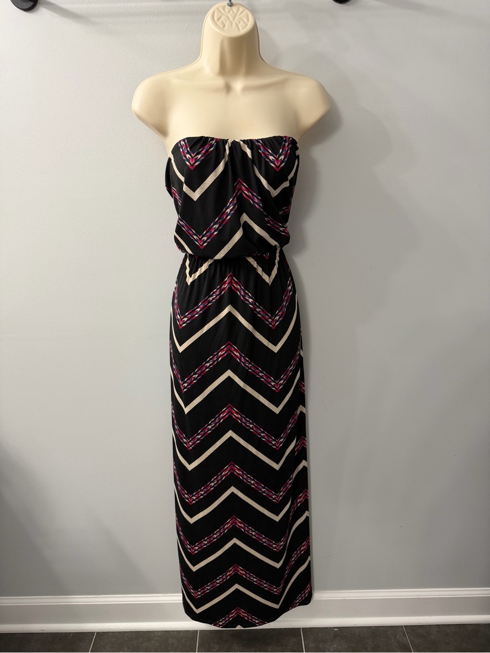 Three Pink Hearts Trixxi Strapless Chevron Maxi Dress in Black, Cream and Pink
